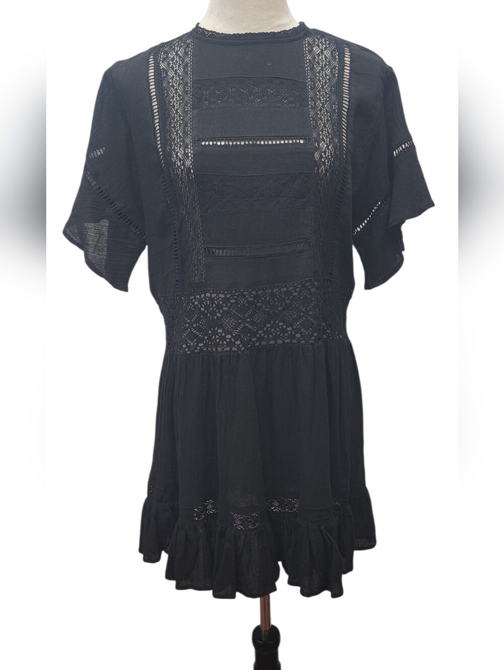 SNDYS Black Lace Trim Boho Mini Dress Size S Flutter Sleeve Ruffle Hem NWT
